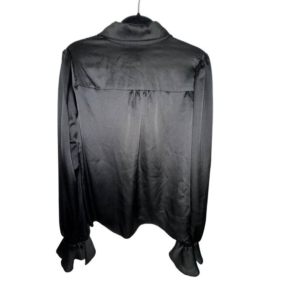 Fashion Nova Black Satin Long Sleeve Button-Up Blouse XL Goth Vampire Victorian - Picture 2 of 7
